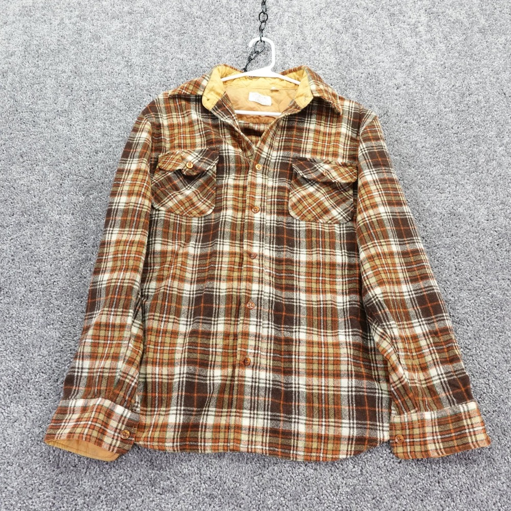 Sears Flannel Shirt Mens Large Brown Plaid Wool Blend Vintage Long Sleeve Button